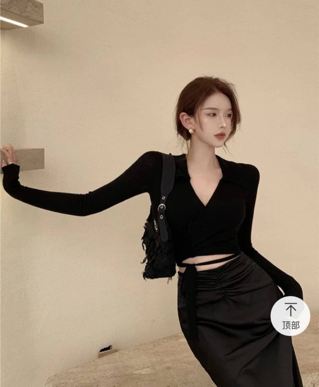 Black Wrap Top & Ruched Satin Skirt Co-ord