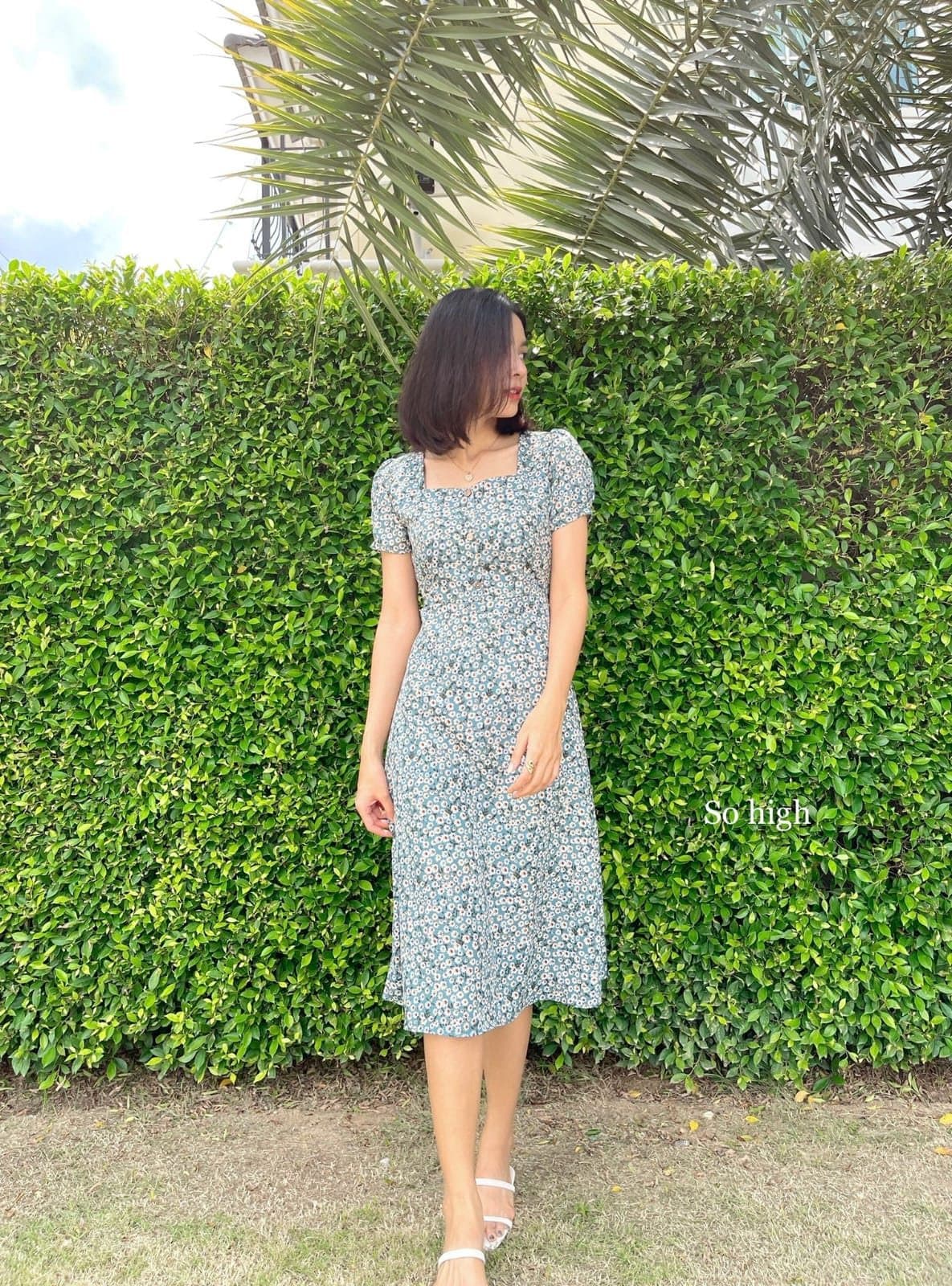 Blue Ditsy Floral Midi Dress