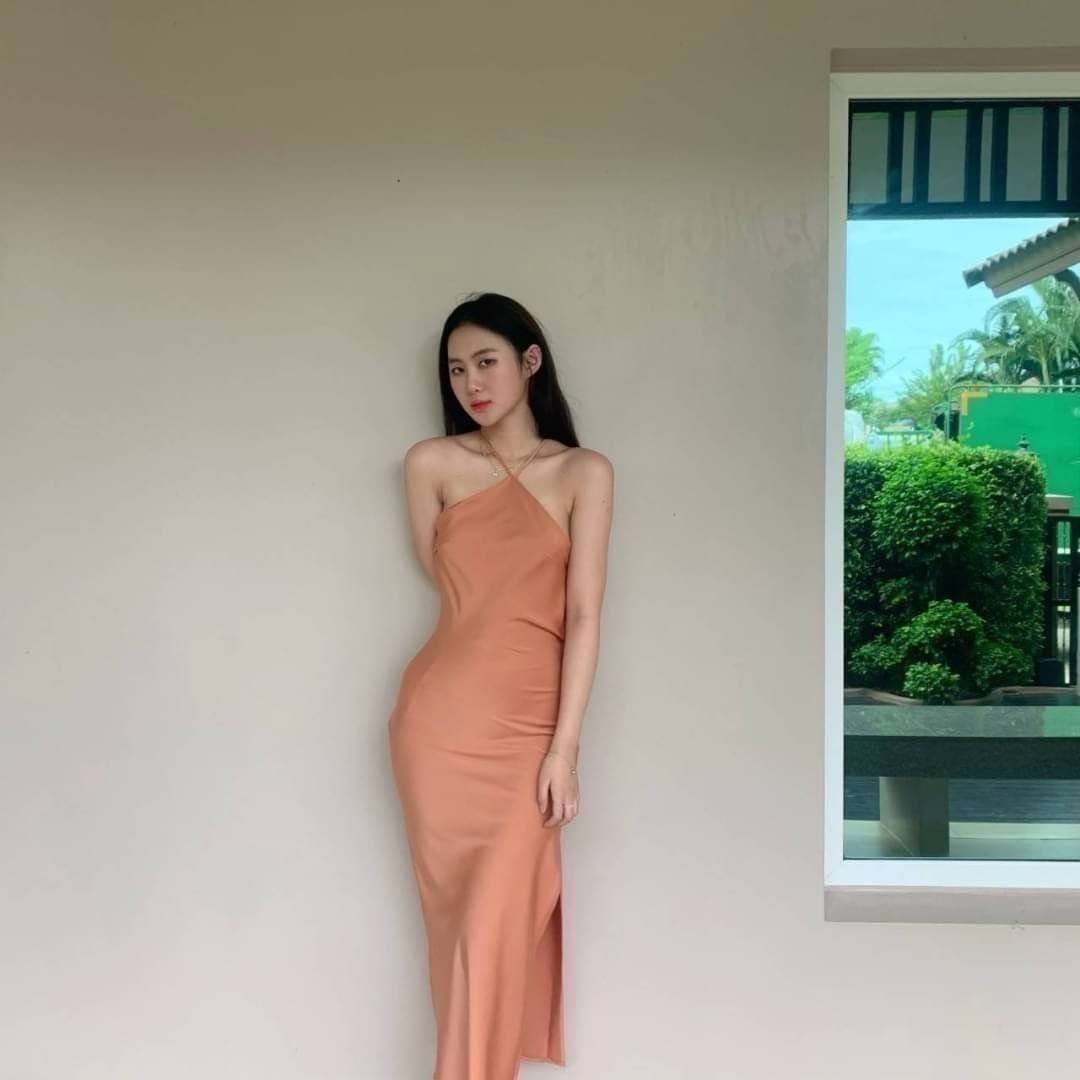 Peach Halter Satin Maxi Dress