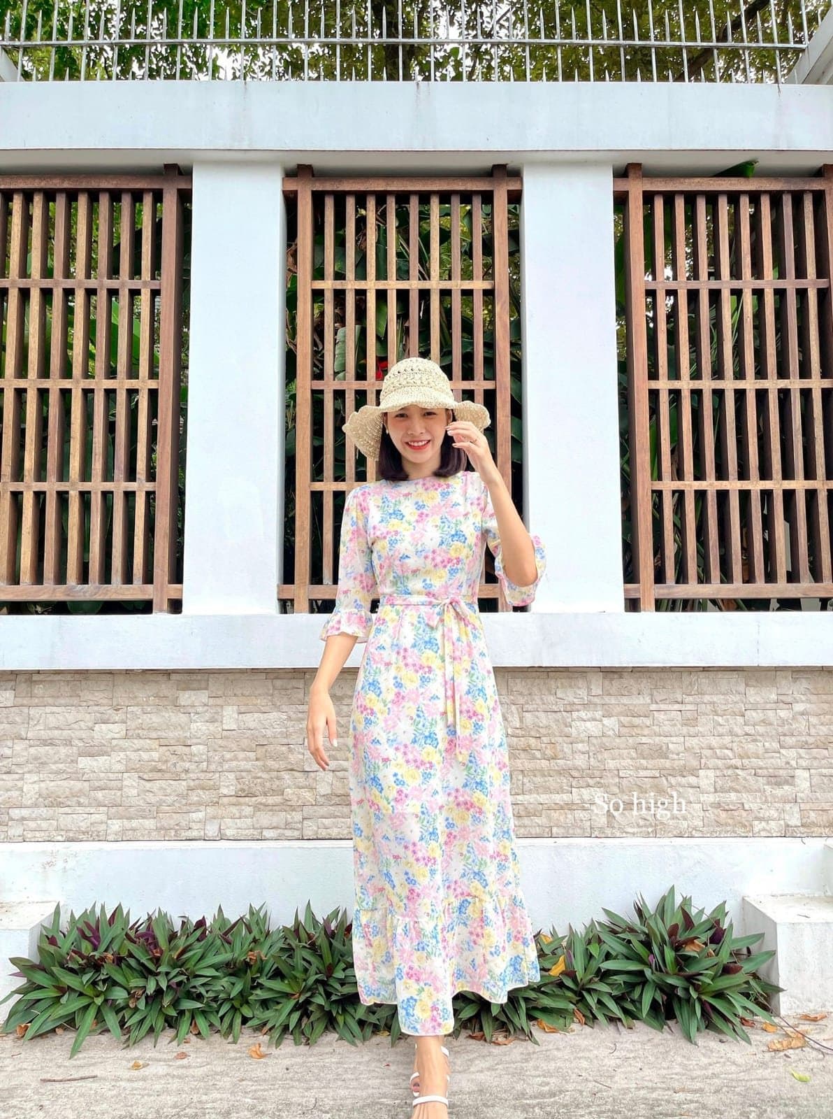 White Floral Print Midi Dress